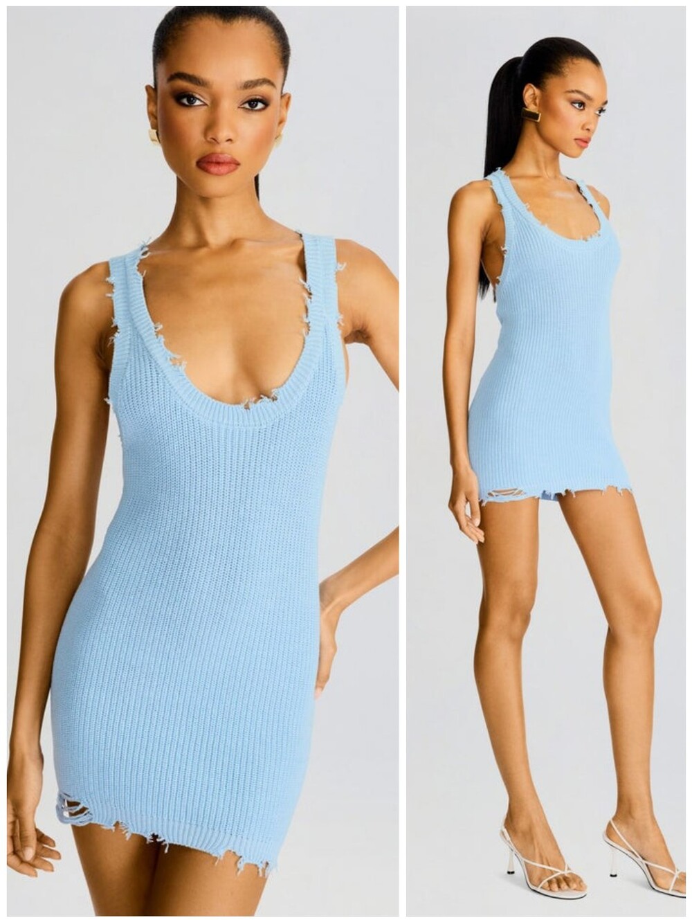 SER.O.YA Retrofete Light Blue Knit Raw Hem Yonit Dress, S